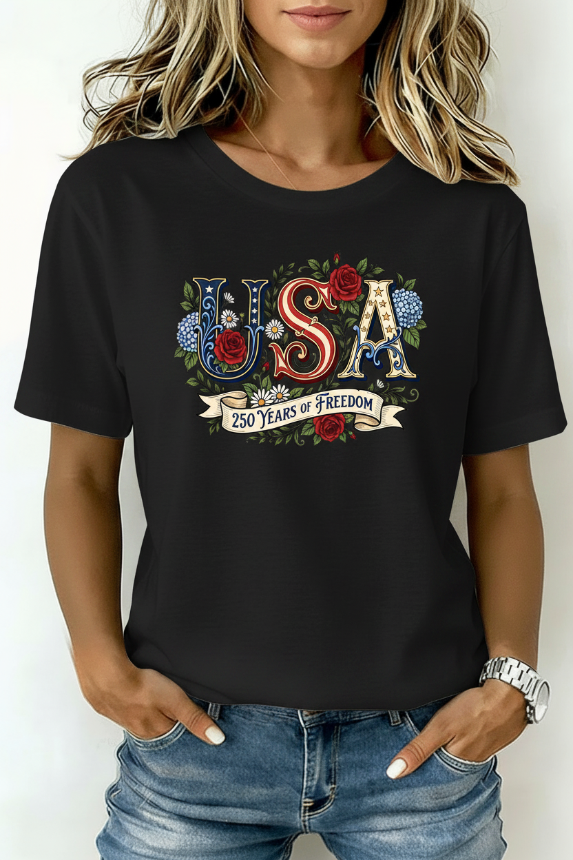 USA Floral 250 Years of Freedom Cotton T-Shirt