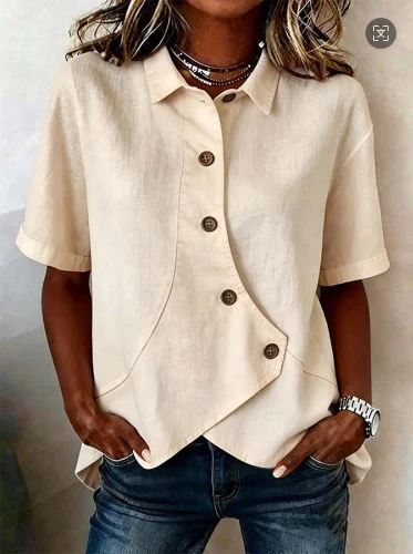 Women's Solid Linen Collar Asymmetric Button Short Sleeve Top