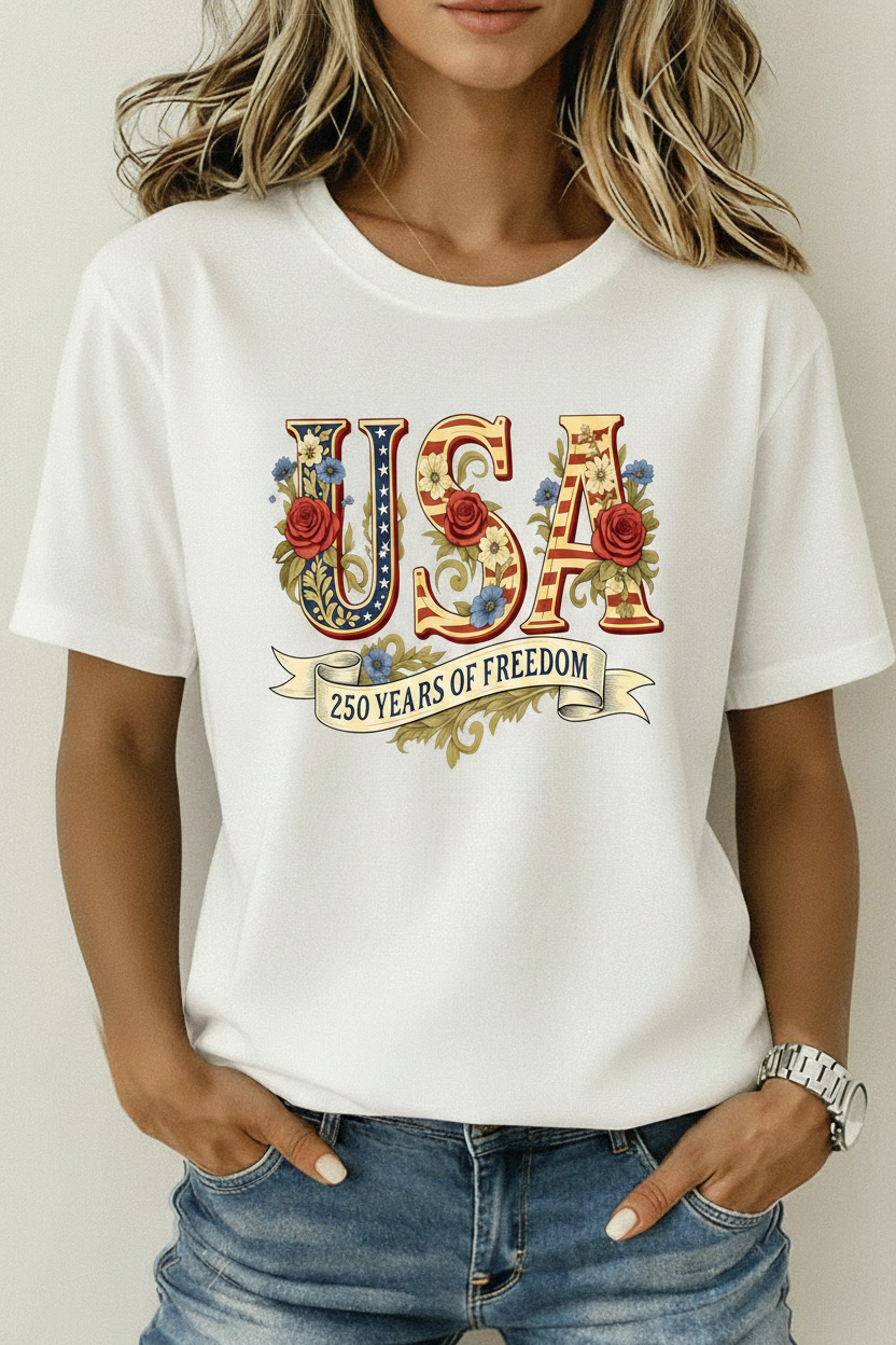 USA Floral Stripe 250 Years of Freedom Cotton T-Shirt