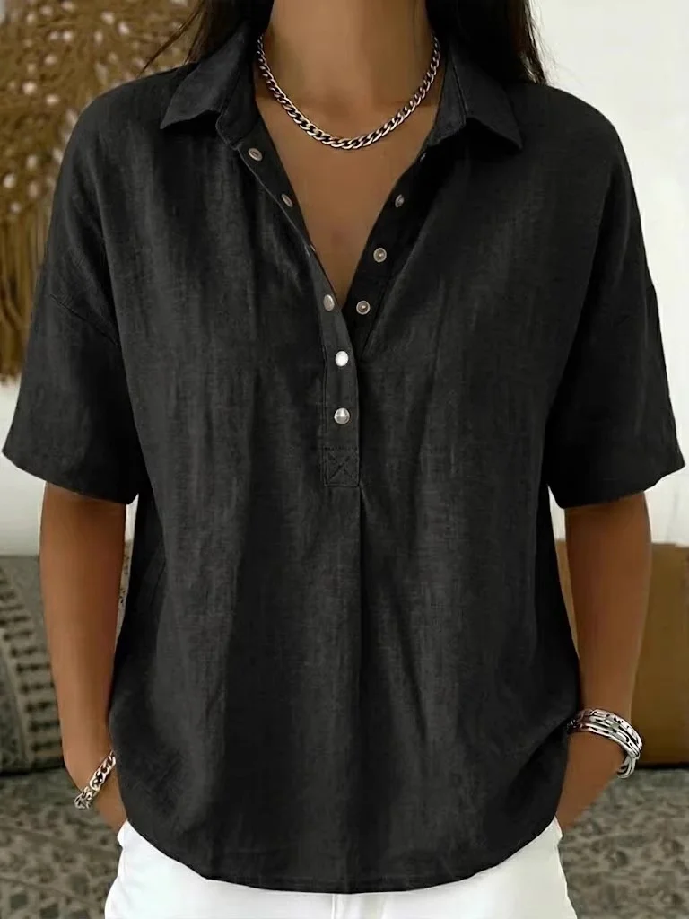 Women's Linen Polo Snap Button Short Sleeve Top