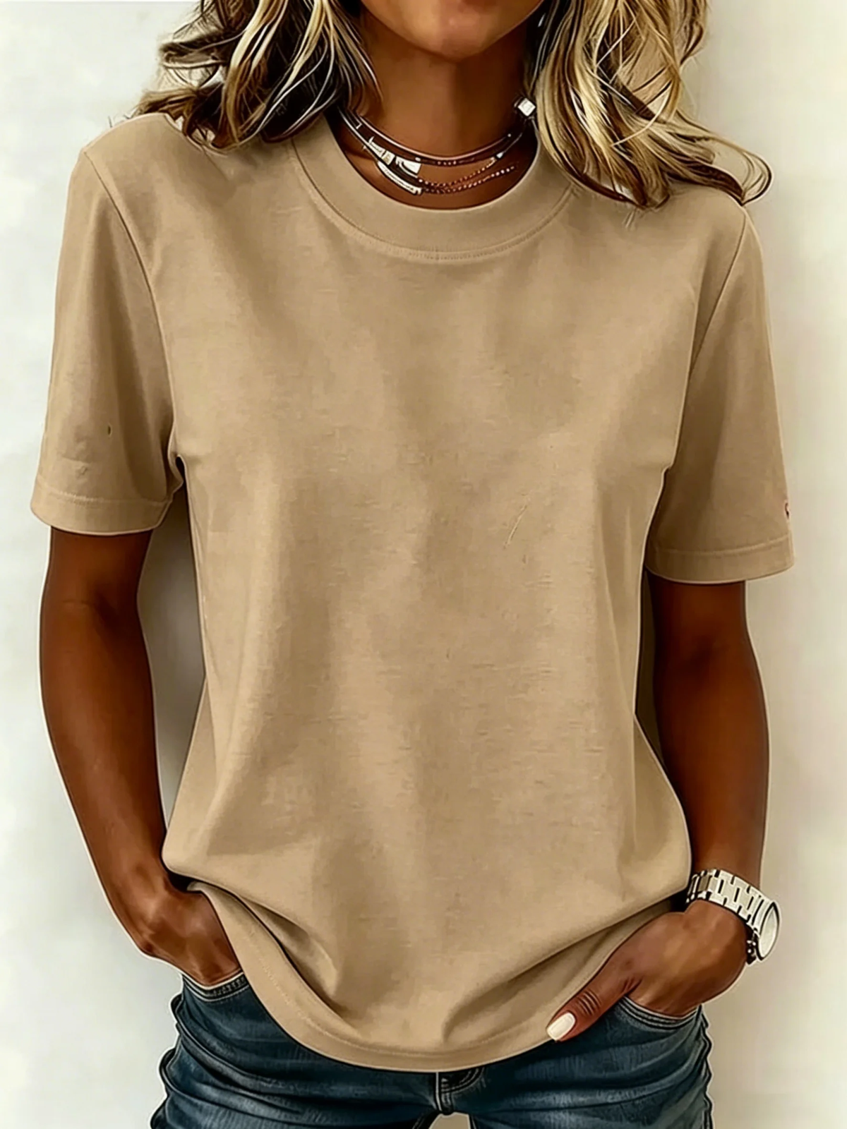 Women's Solid Cotton Crew Neck Short Sleeve Basic T-Shirt