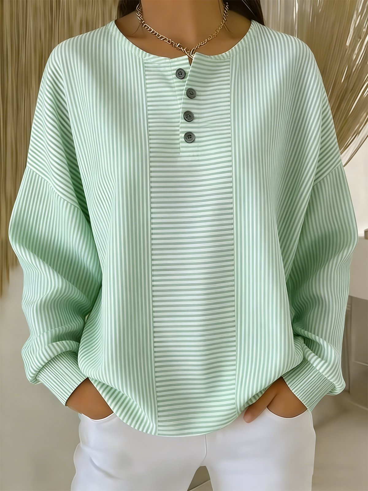 Women's Stripe Patchwork Henley Long Sleeve Top