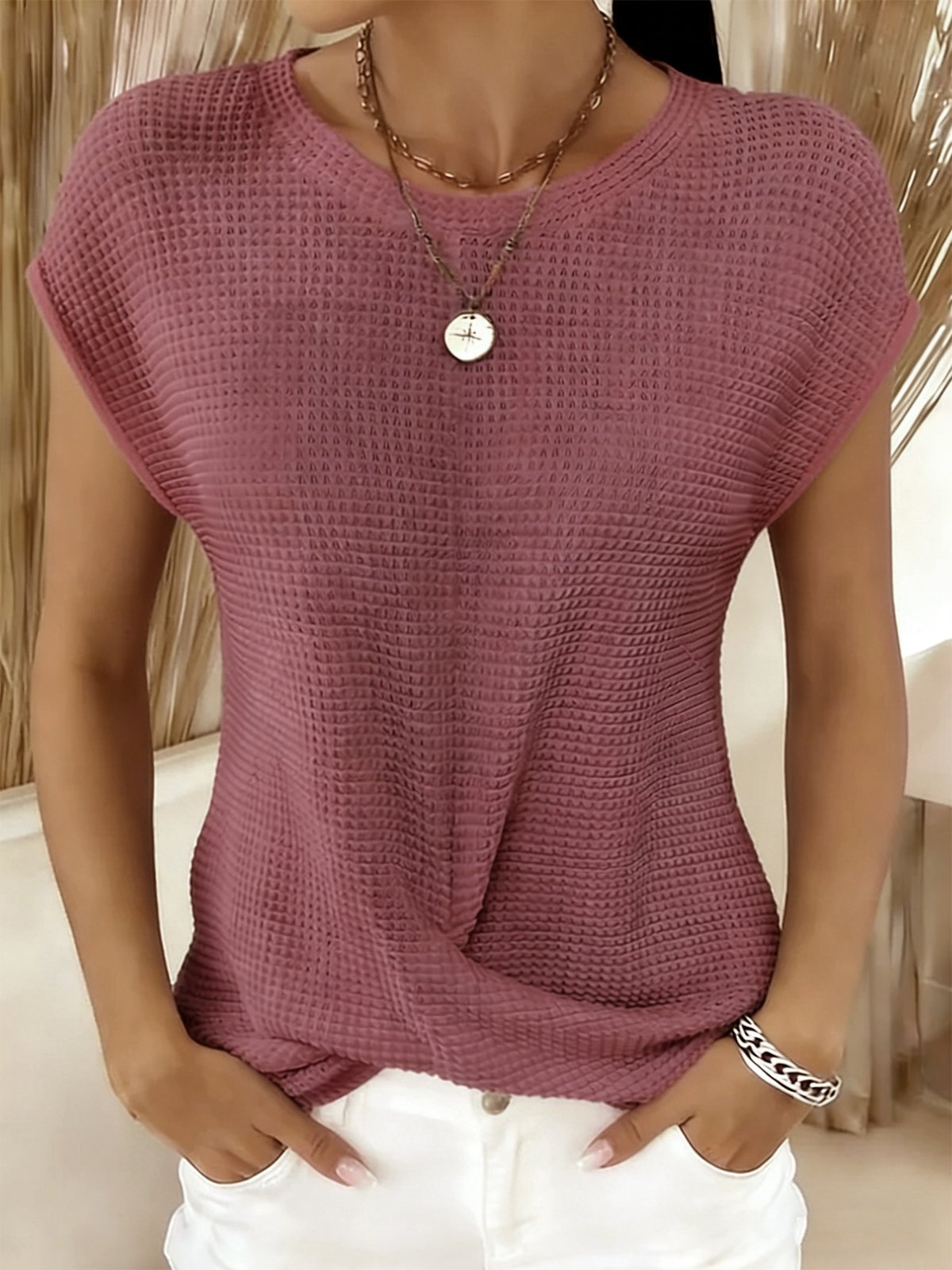 Waffle Knit Crew Neck Short Sleeve Twist-Hem Top