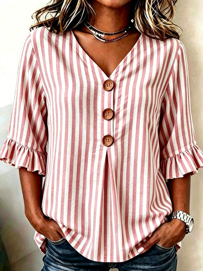 Women's Striped Ruffle Sleeve V-Neck Button Top