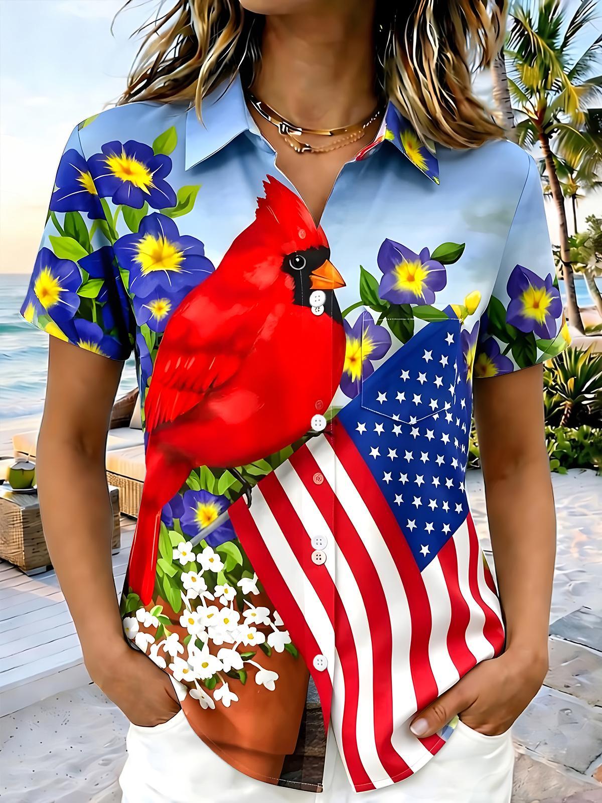 Red Bird American Flag Women's Short Sleeve Shirts