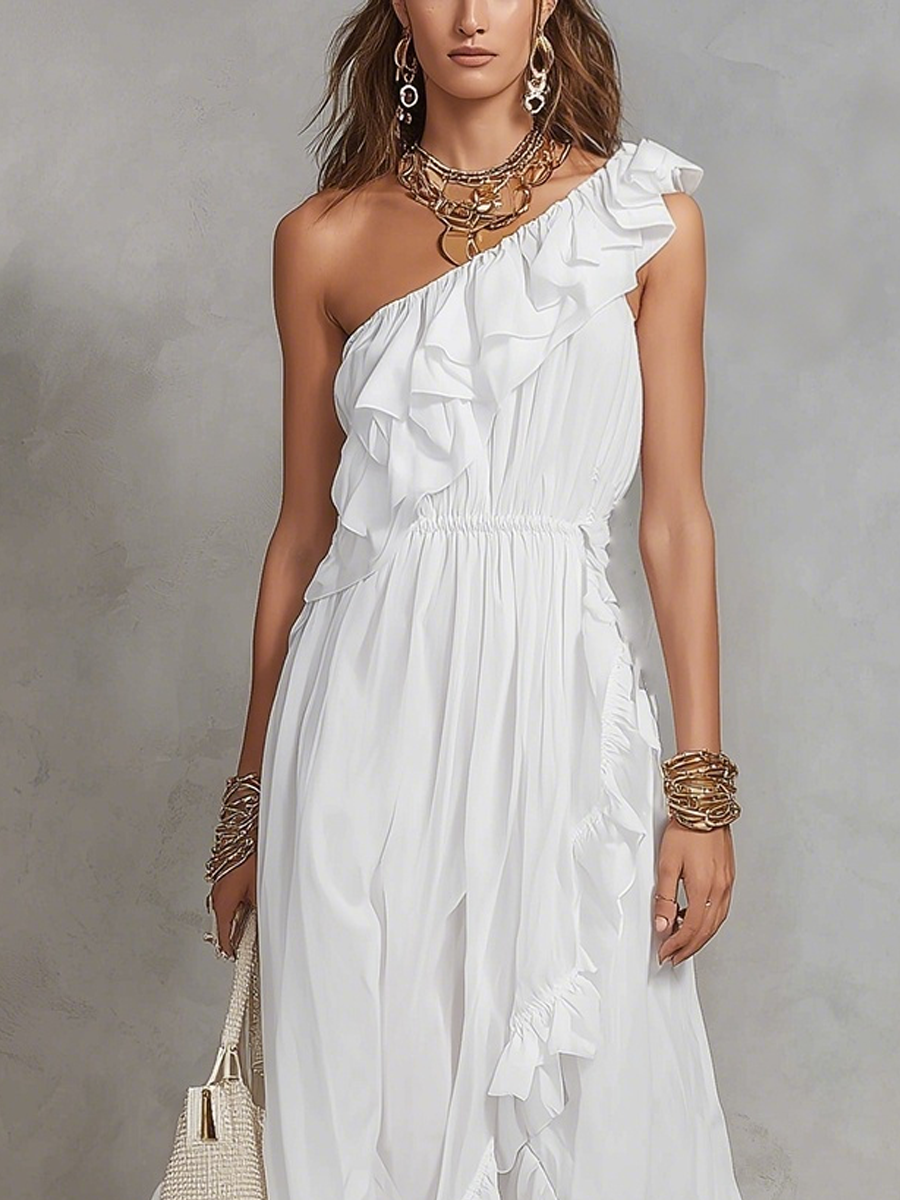 Bohemian White One Shoulder Ruffled Maxi Dress