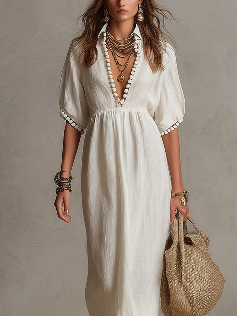 Bohemian Style White Tassel Ball Detail Long Dress
