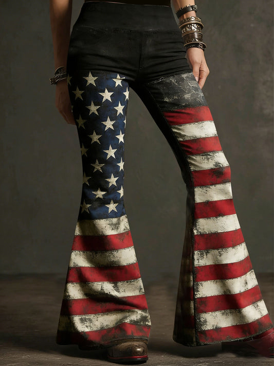 Women's patriotic floral and flag-print flared trousers