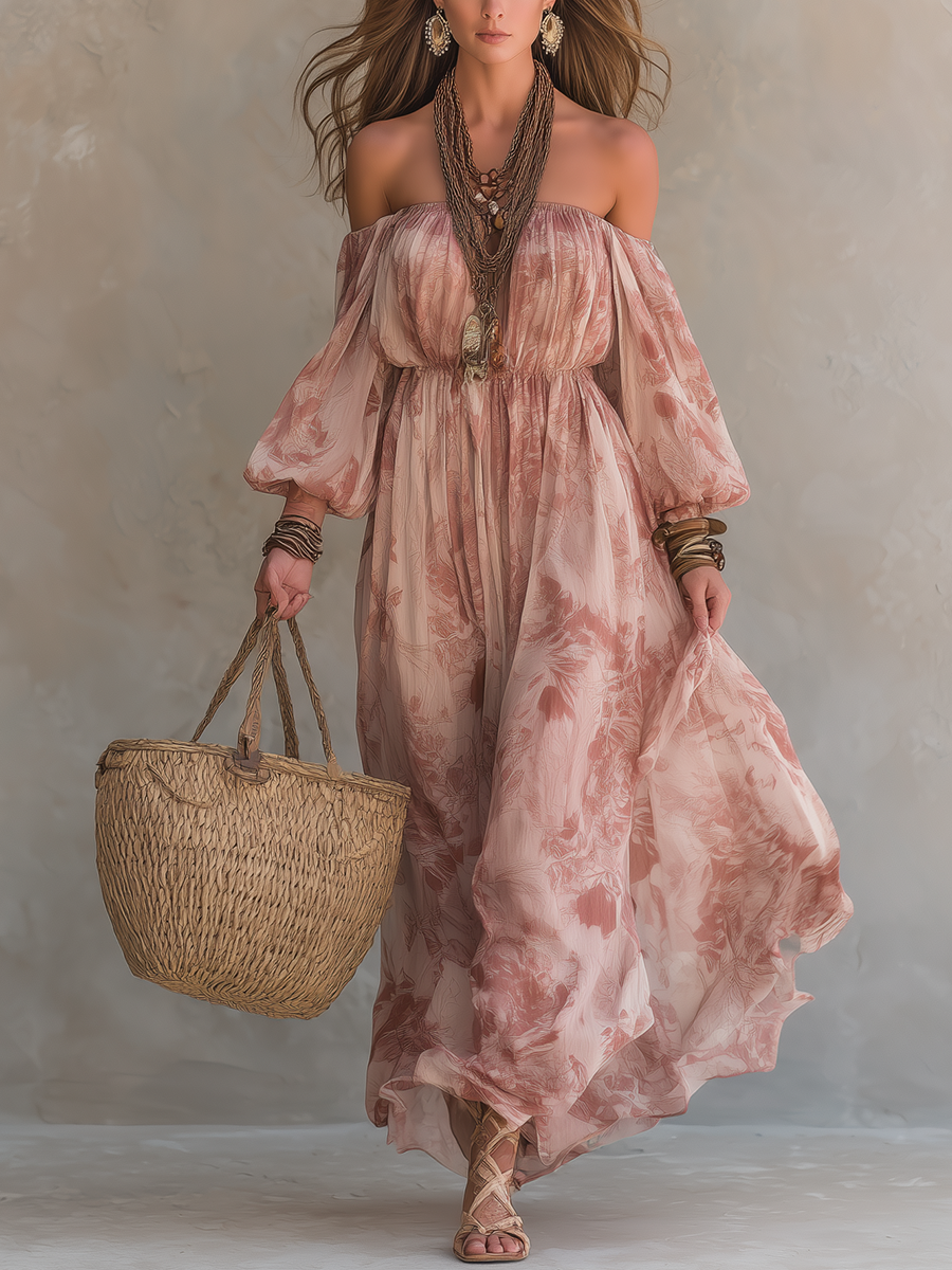 Blush Pink Bohemian Lantern Sleeve Long Dress