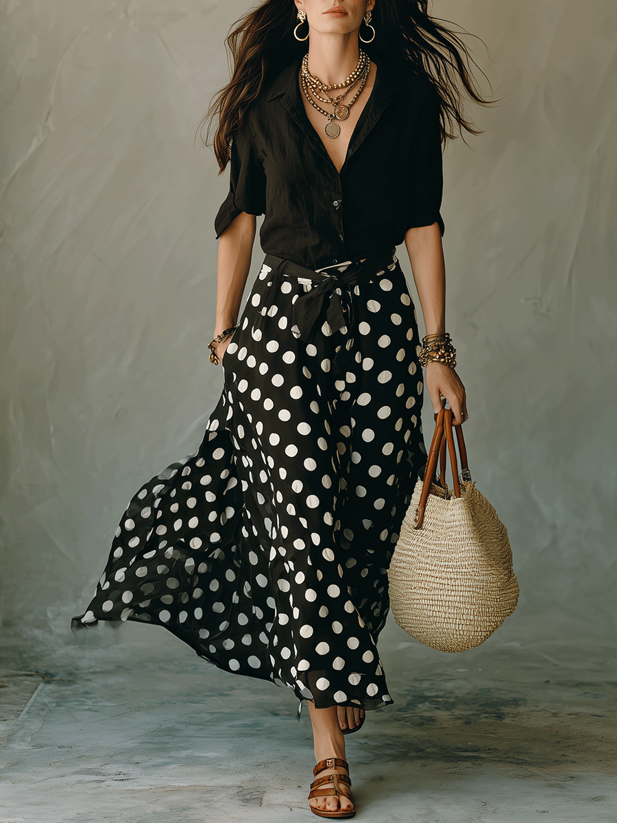 Effortless Boho Button-Down Top With Polka Dot Skirt