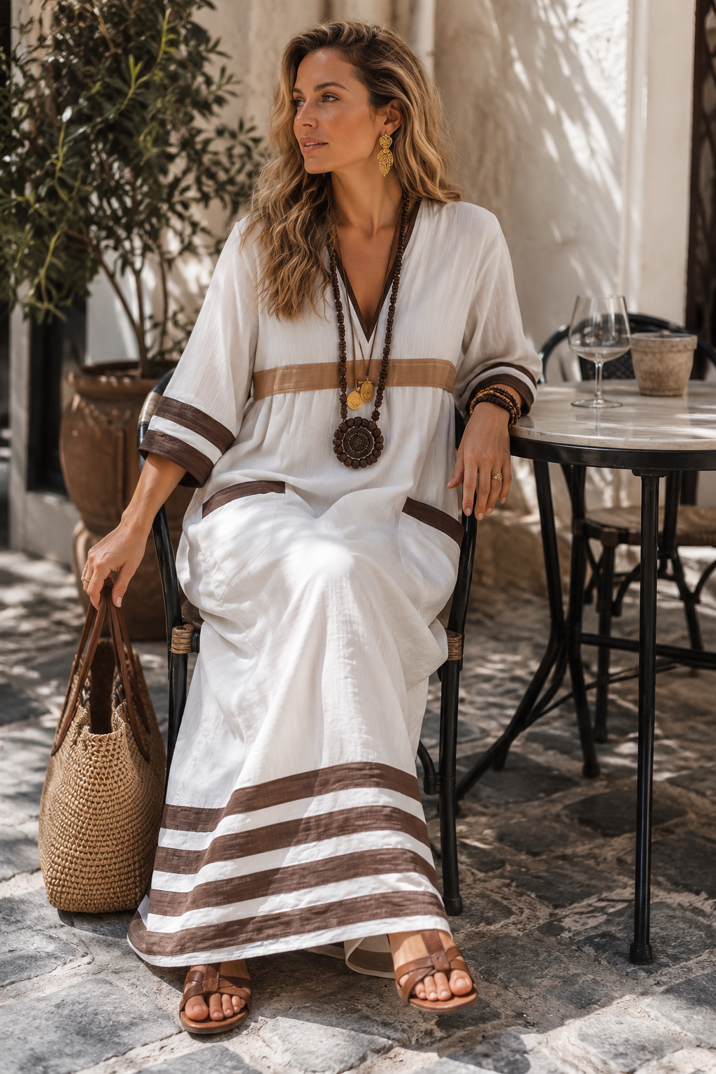 Effortless Cotton-Linen V-Neck Ivory & Brown Kaftan Maxi Dress