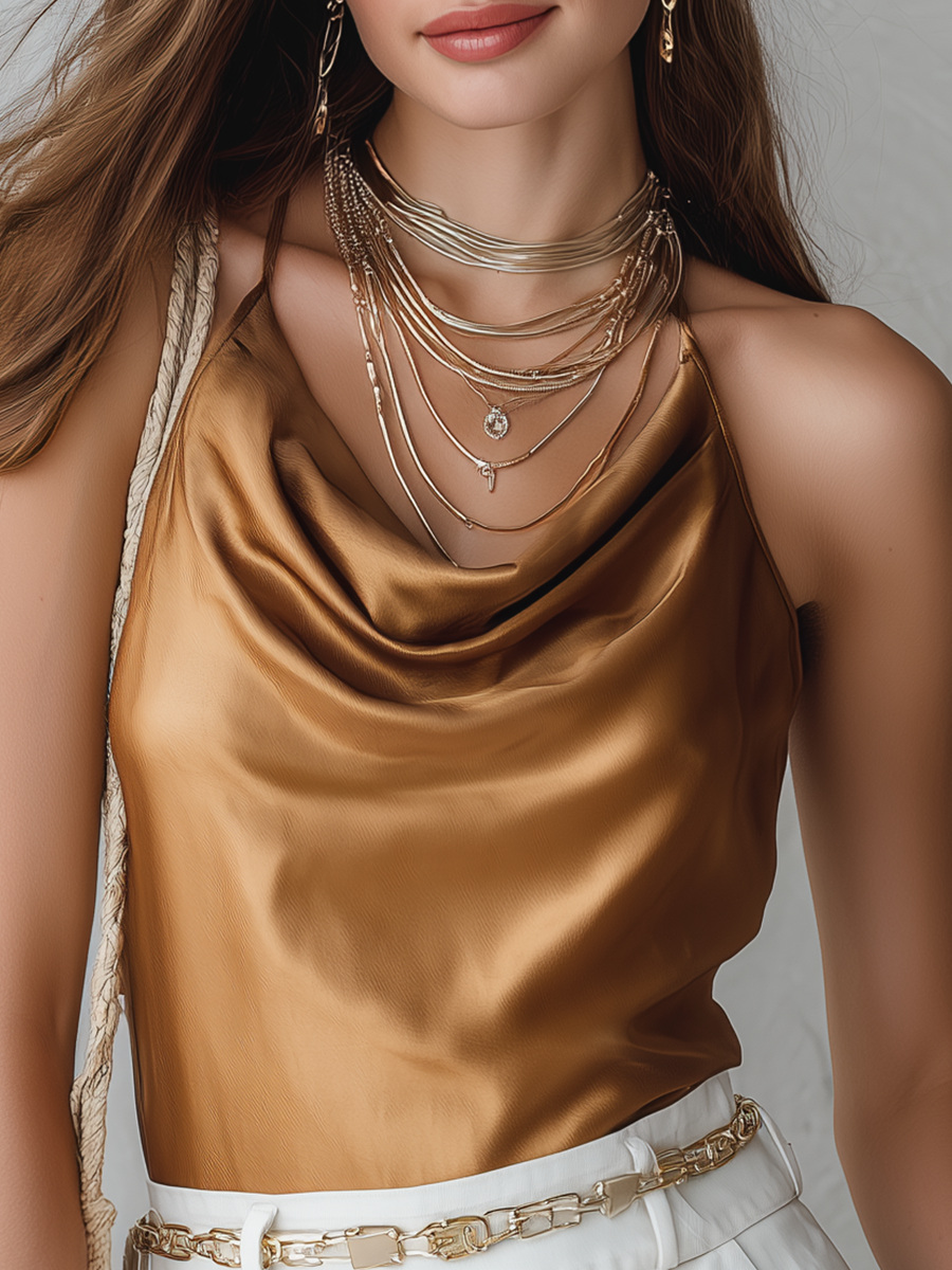 Minimalist And Luxurious Style Satin Cowl Neck Tank Top