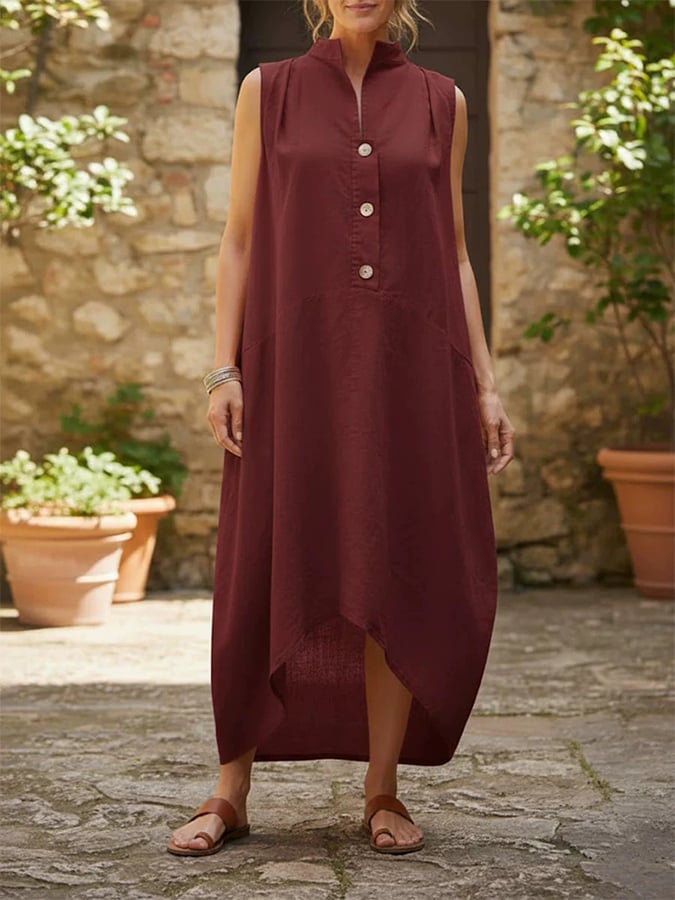 Women'S Stand-Collar Sleeveless Casual Loose Cotton And Linen Dress
