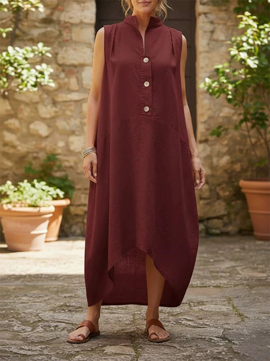 Women'S Stand-Collar Sleeveless Casual Loose Cotton And Linen Dress