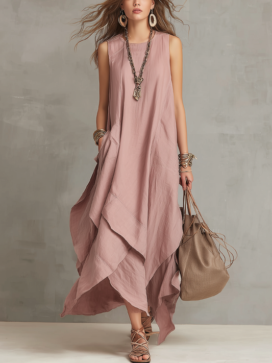 Bohemian Pink Nude Irregular Cotton And Linen Maxi Dress