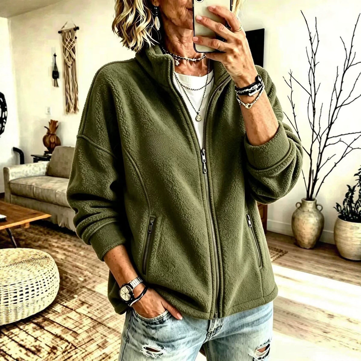 Women's Solid Fleece Full-Zip Stand Collar Oversized Jacket