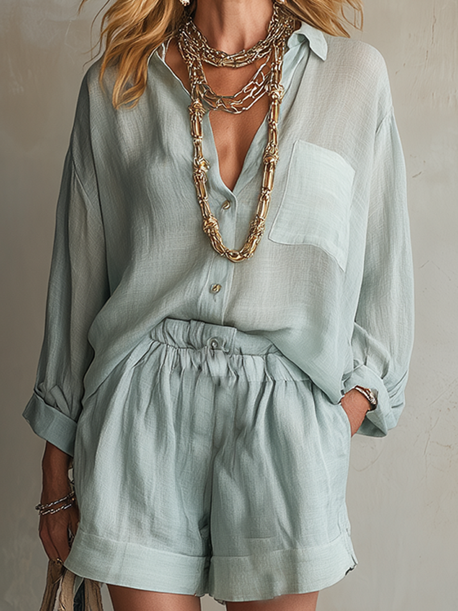 Sage Linen Relaxed Shirt Drawstring Shorts Set
