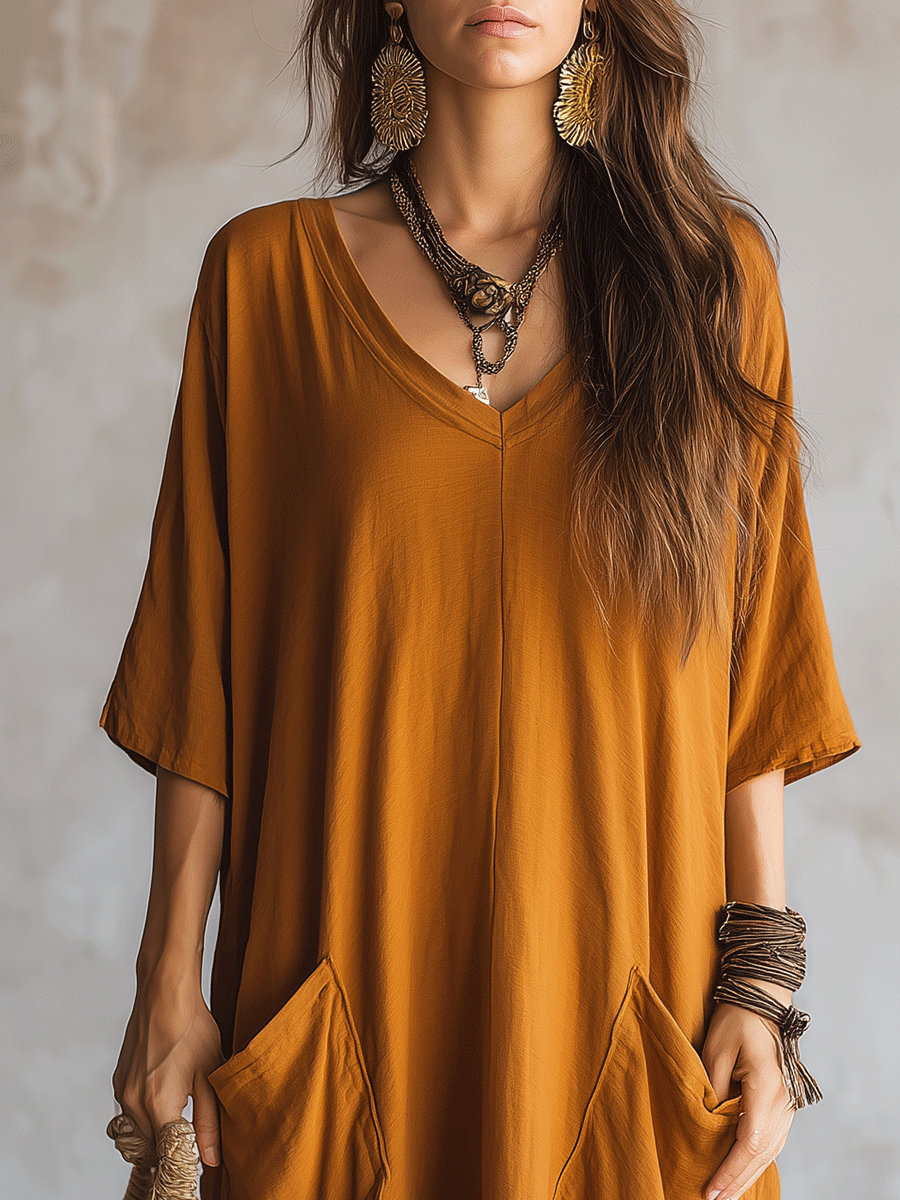Boho Mustard Oversized Pocket Maxi Dress