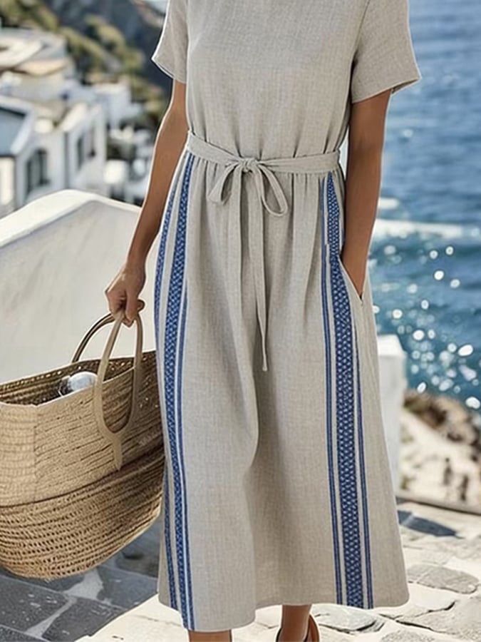 Women'S Casual Round-Neck Color-Block Printed Vacation Dress