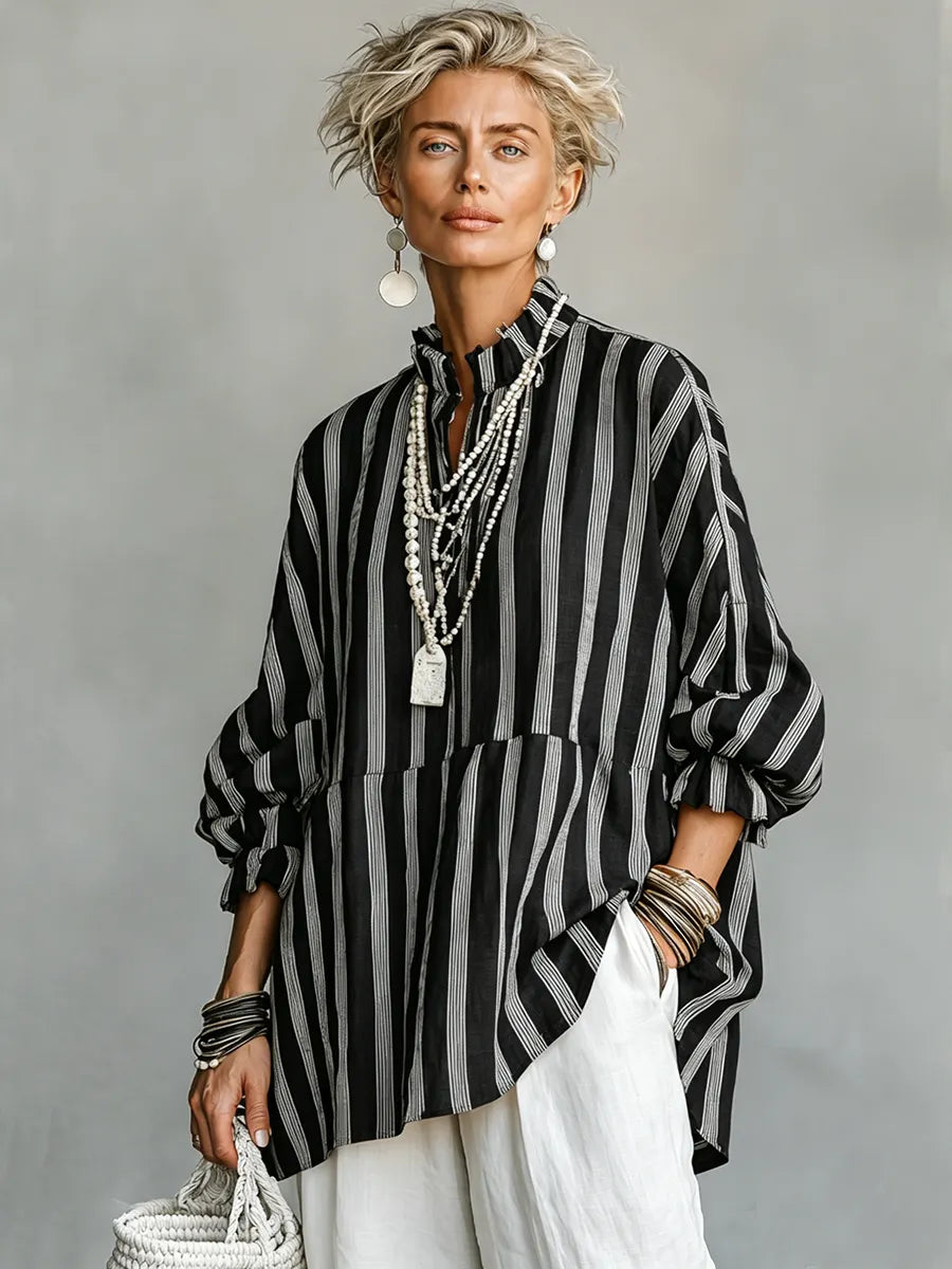 Women's Vintage Casual Linen Blend Vertical Stripes Mandarin Collar, and Lantern Sleeves Loose Blouse