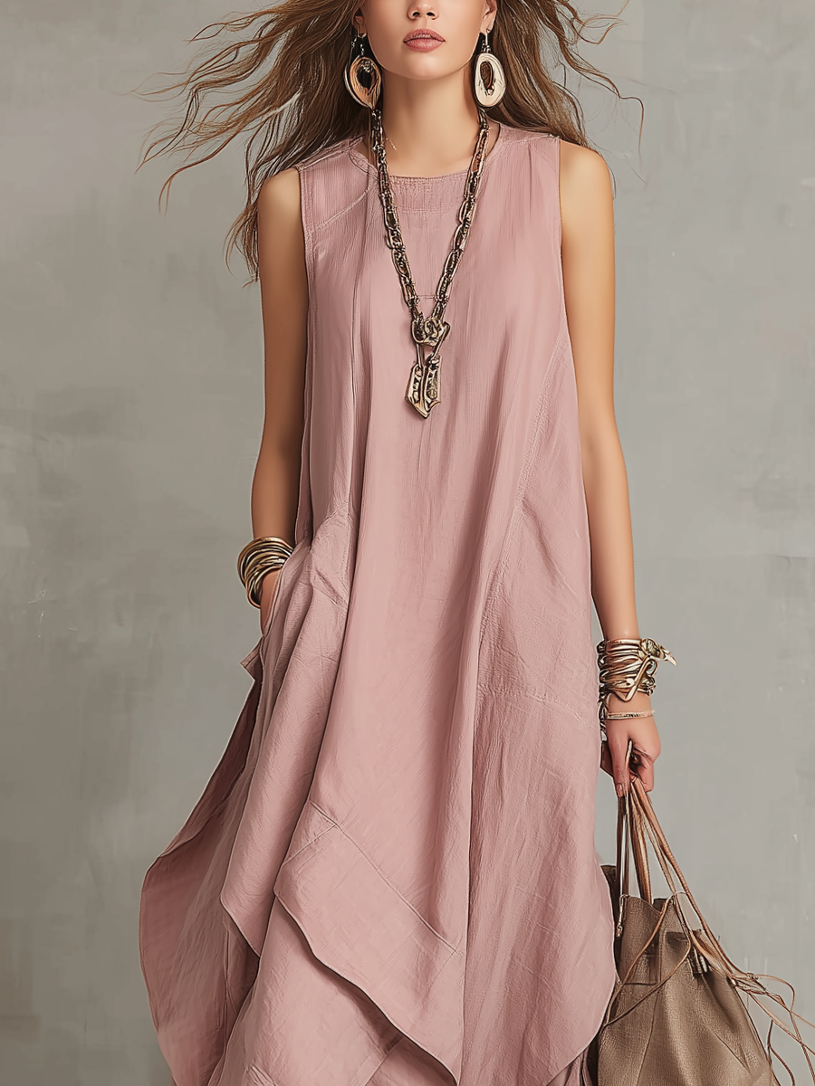 Bohemian Pink Nude Irregular Cotton And Linen Maxi Dress