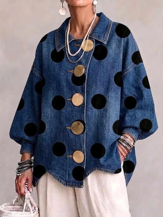 Oversized Polka-dot Denim Jacket With Lapel, Irregular Hem, And Large Metal Buttons