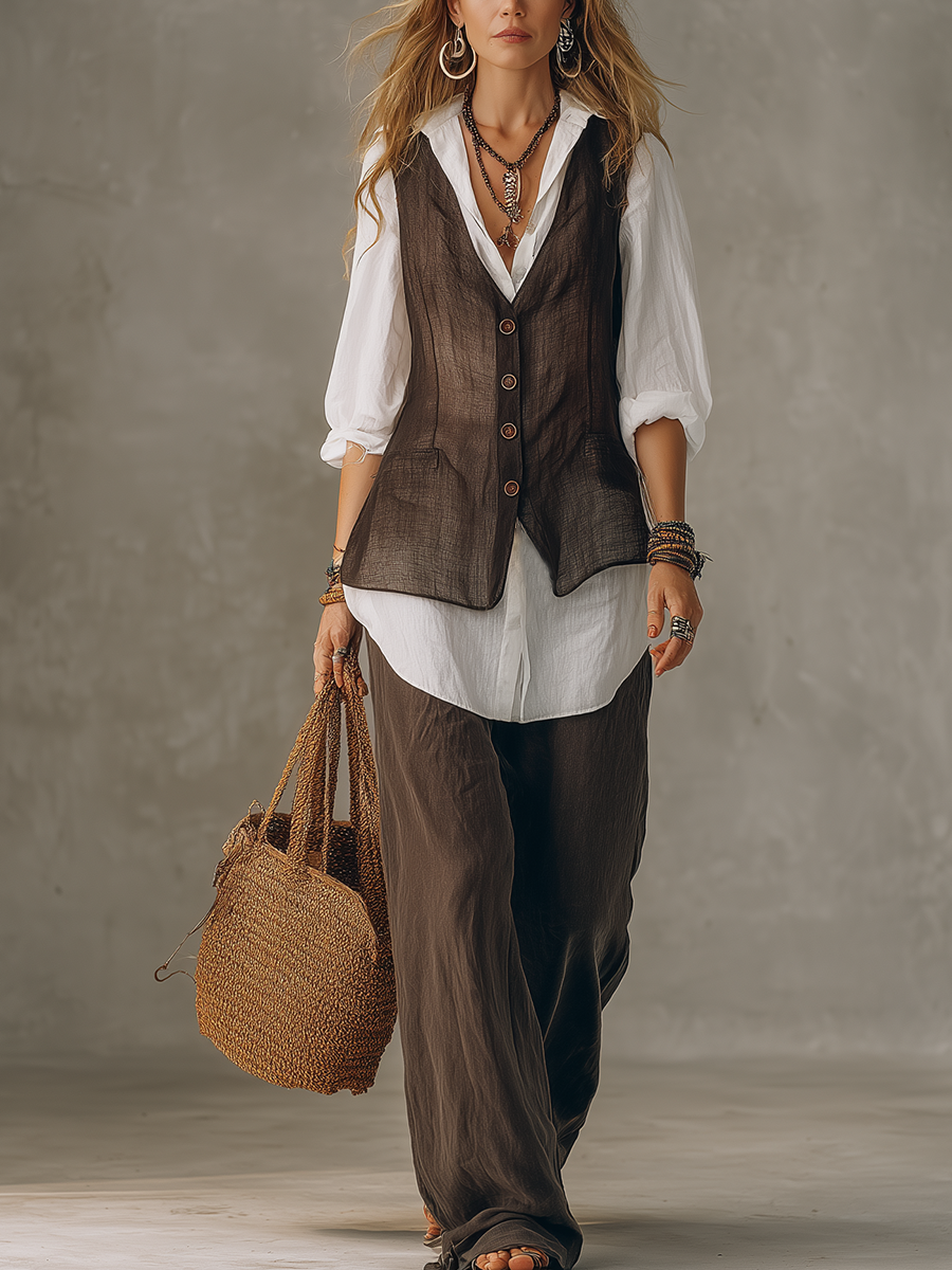 Bohemian Lightweight Linen Vest  Shirt Layering Set