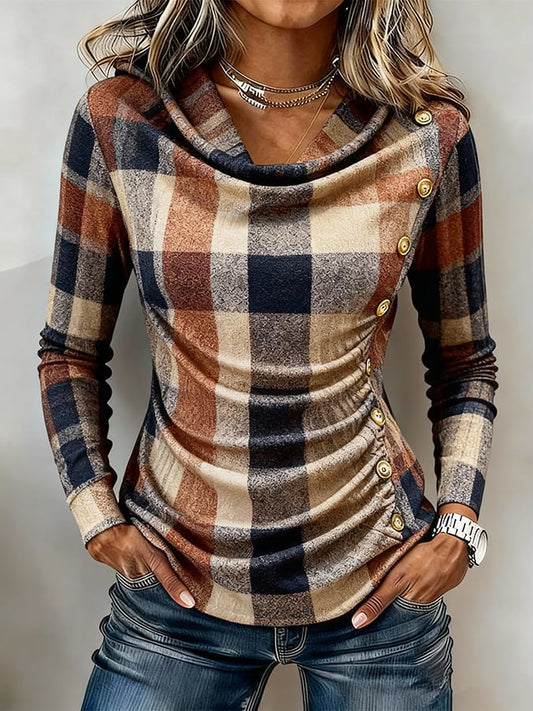 Women'S Casual Turtleneck Plaid Long-Sleeved Shirt