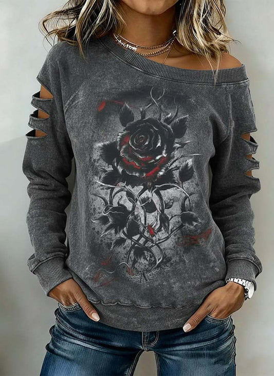 Women's Casual Vintage Distressed Printed Pullover Sweatshirt