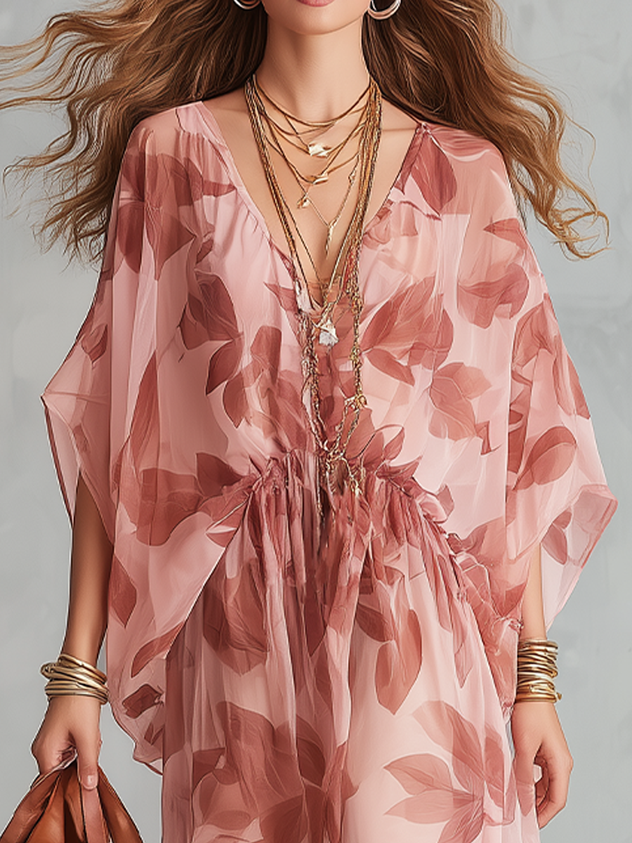 Airy Leaf-Print V-Neck Drawstring Chiffon Midi Dress