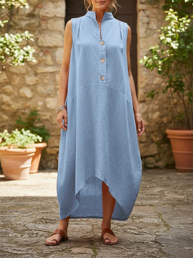 Women'S Stand-Collar Sleeveless Casual Loose Cotton And Linen Dress