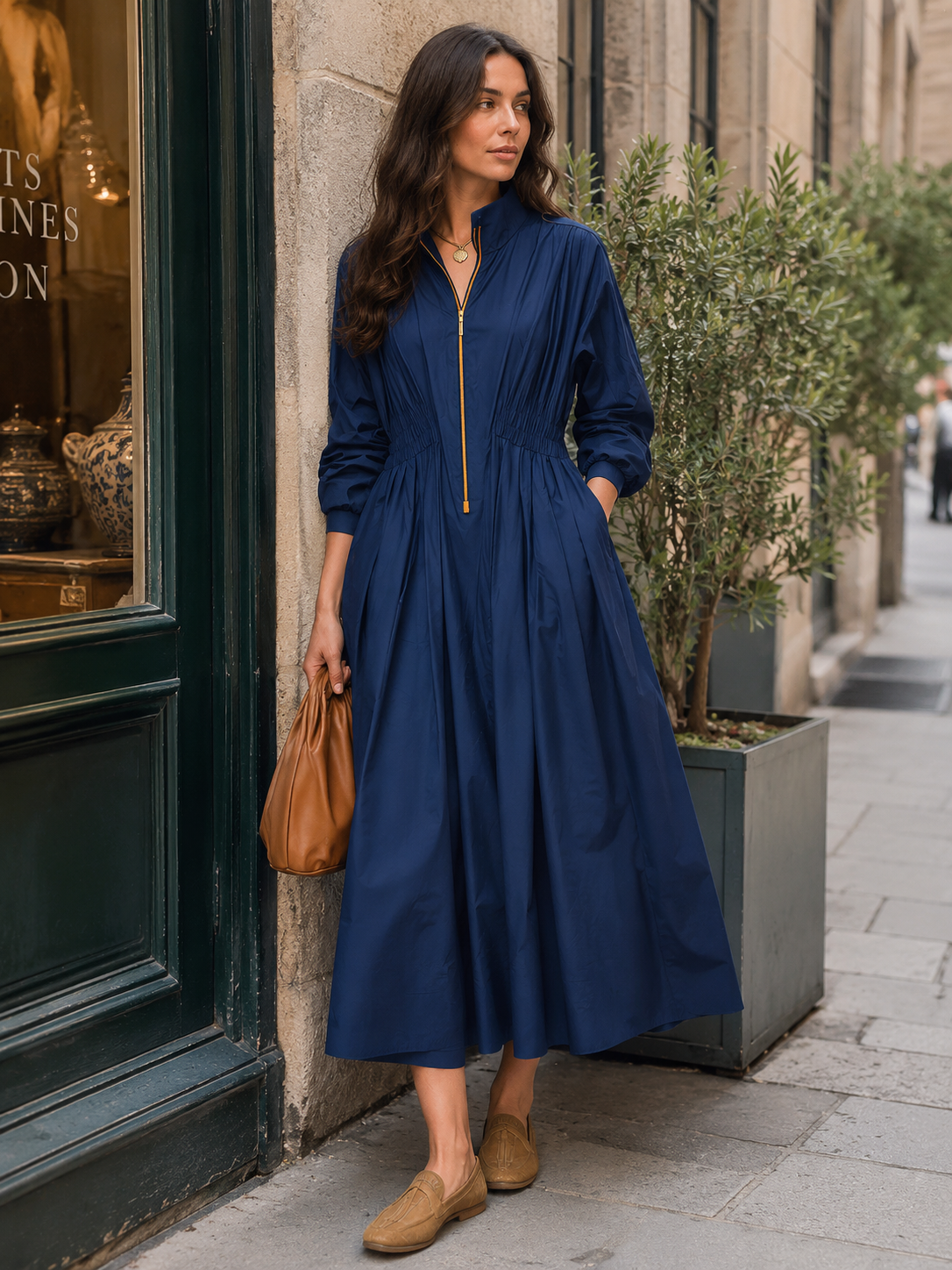 Women's Zip-Up Stand Collar Long Sleeve Cinched Waist Maxi Dress