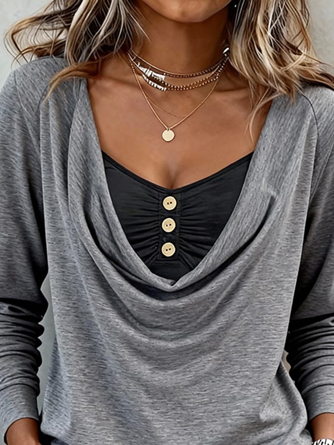 Women'S Casual Round-Neck Color-Block Patchwork Shirt