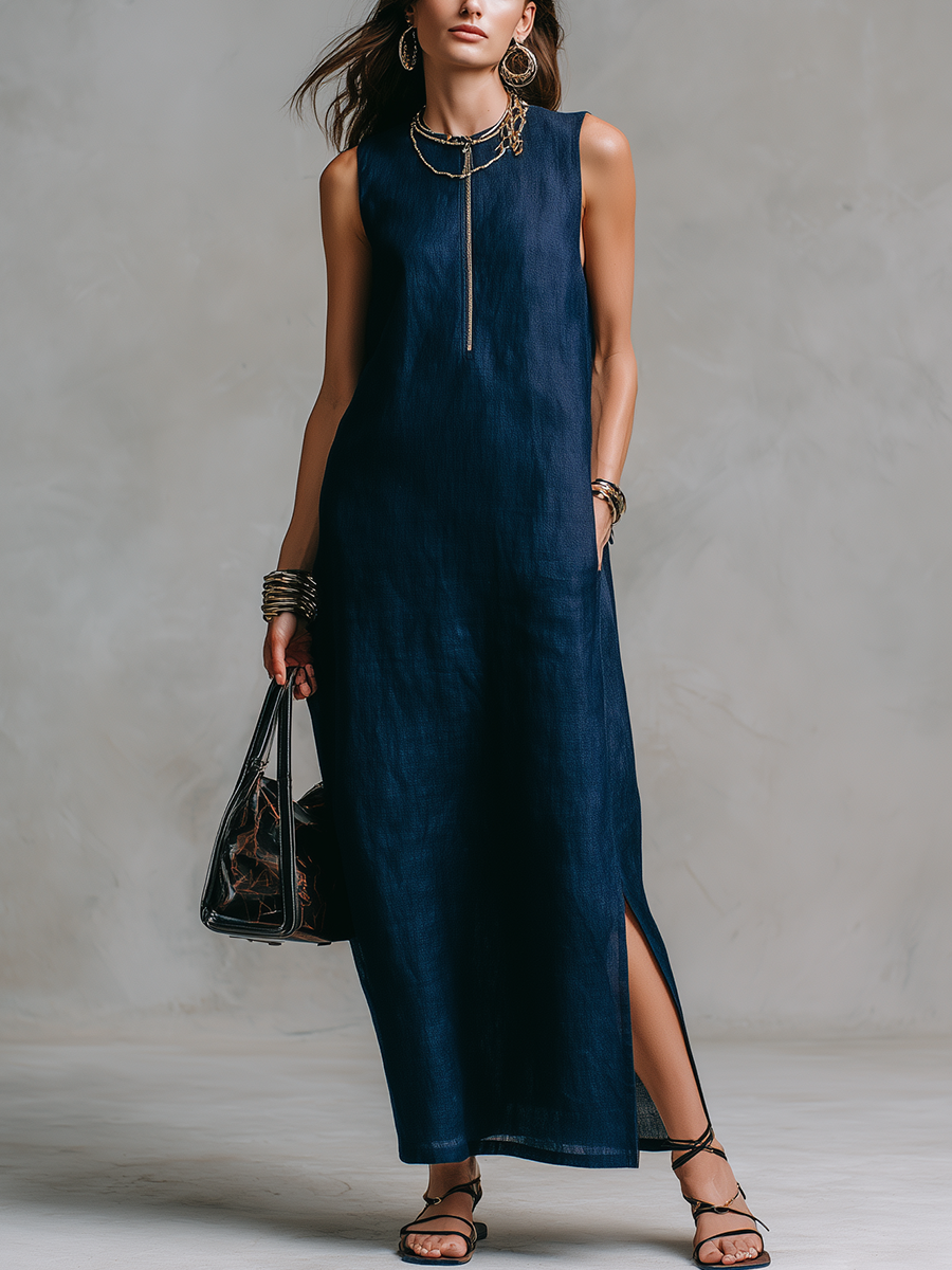 Casual Midnight Blue Zipper Linen Maxi Dress