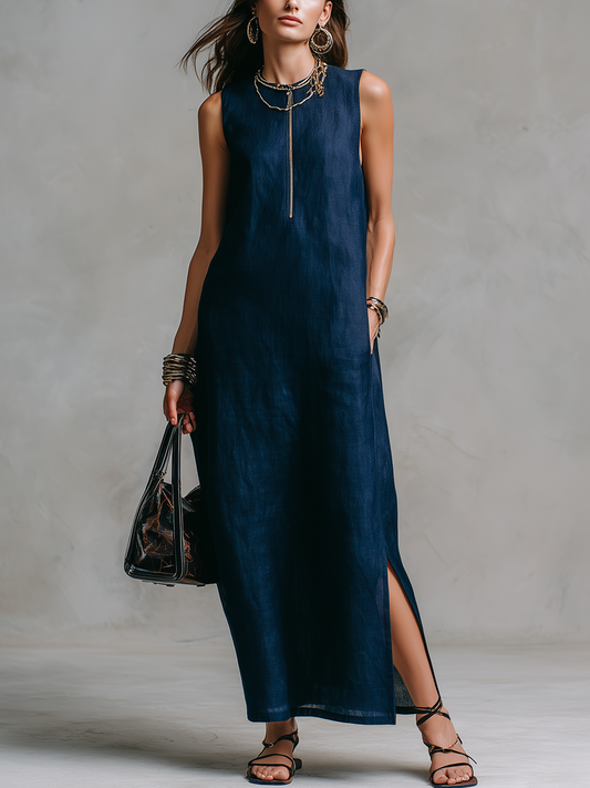 Casual Midnight Blue Zipper Linen Maxi Dress