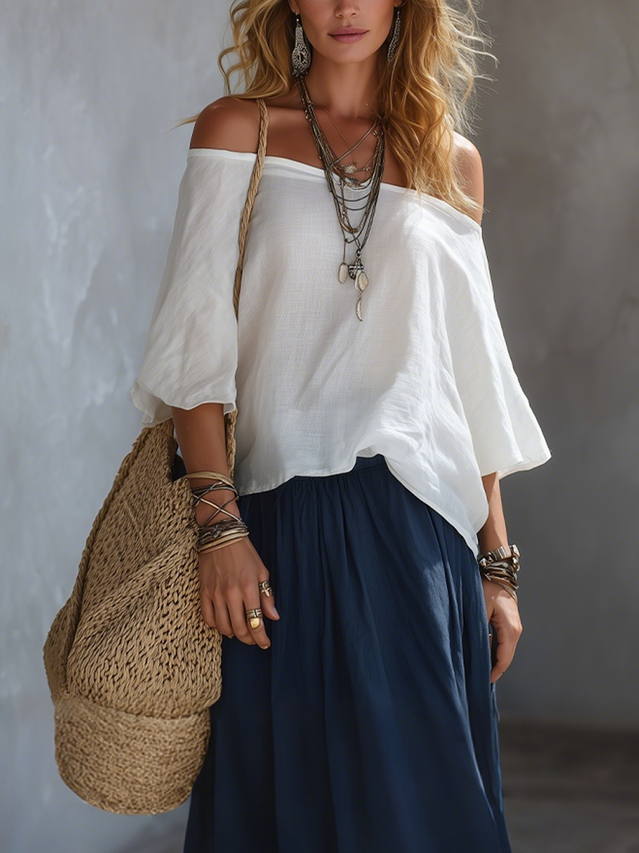Bohemian-Style White Linen Top And Dark Blue Paneled Skirt Set