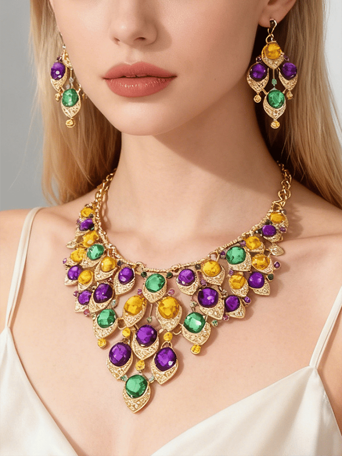 Mardi Gras Carnival Necklace And Earrings Set With Three-Color Rhinestones, Party Jewelry Set.