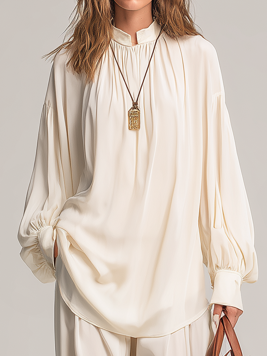 Polished Cream Stand Collar Blouse & Harem Pant Set