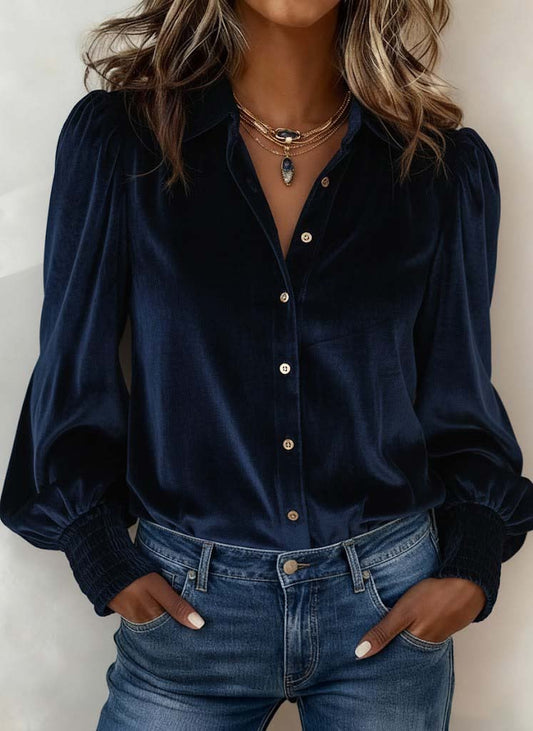 Women's Casual Retro Velvet Collared Bishop-Sleeve Button-Up Shirt