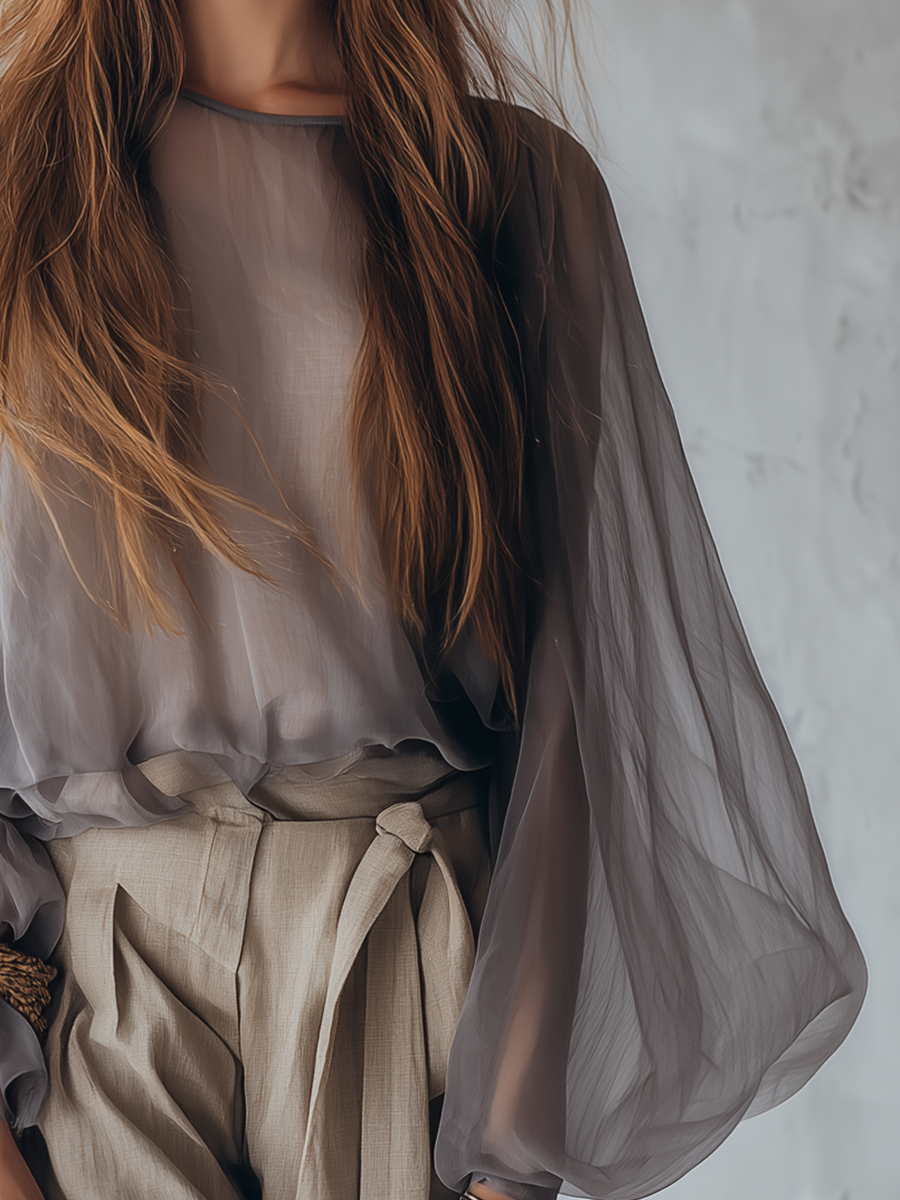 Gray Sheer Top With Puff Sleeves