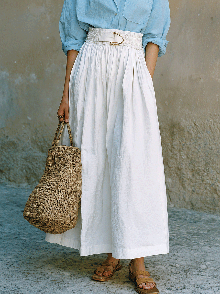 Effortless Coastal Chic Blue Shirt & White Maxi Skirt Set