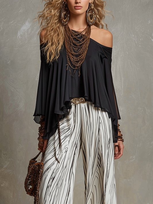 Bohemian Black Off Shoulder Chiffon Top