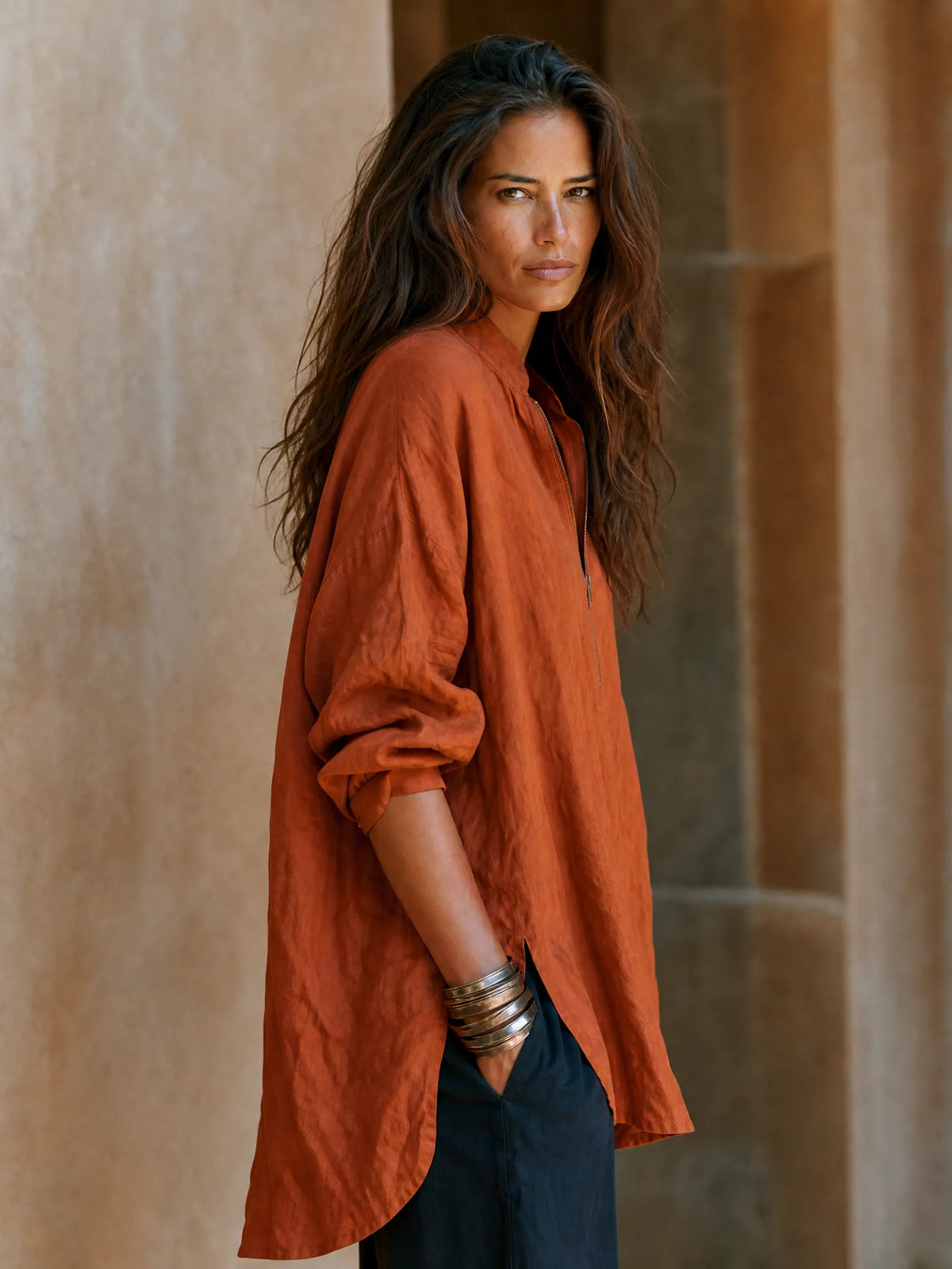 Women Autumn Thick Premium Cotton Linen Oversized Tunic Top Stand Collar Half Zip Long Sleeve Side Split Pocket Loose Fall Casual Blouse