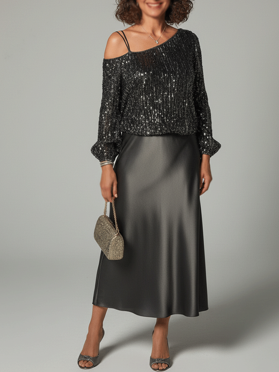 Elegant Sequin Off-Shoulder Top & Satin Midi Dress Set