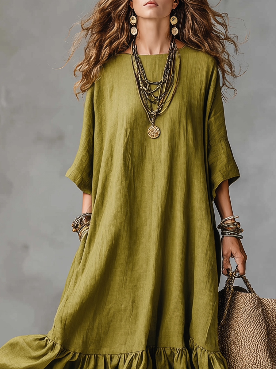 Lazy Bohemian Olive Green Ruffled Maxi Dress