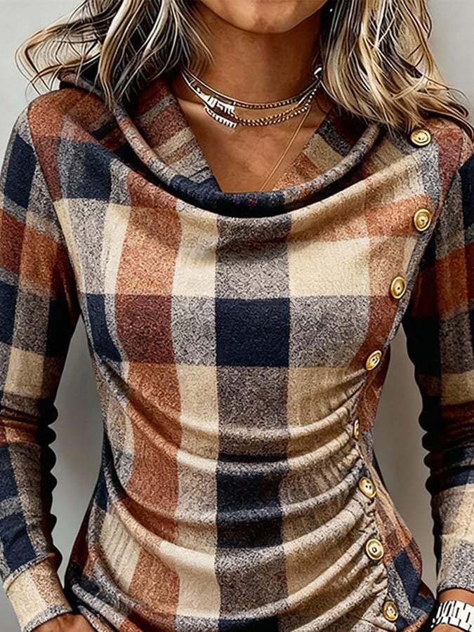 Women'S Casual Turtleneck Plaid Long-Sleeved Shirt