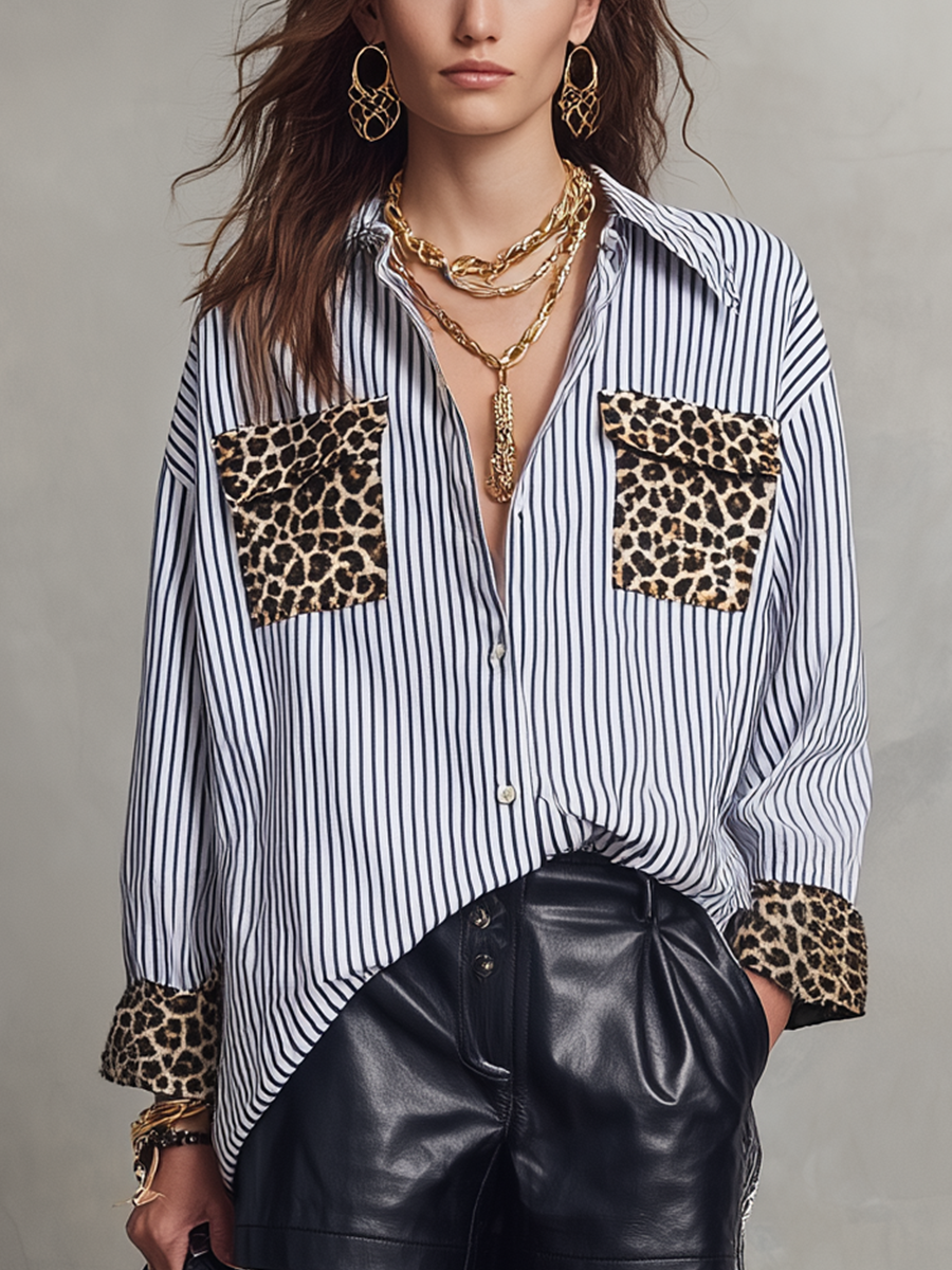 Refined Striped Shirt With Leopard Patch Pockets
