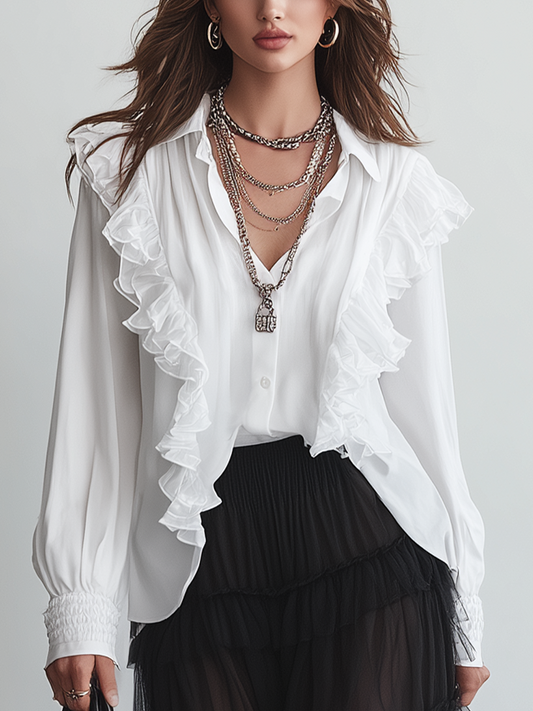 Romantic Ruffled-Trim Button-Down Blouse