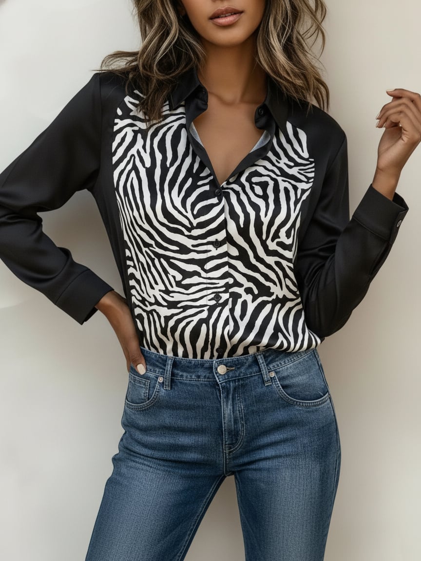 Women'S Casual V-Neck Zebra Print Faux Silk Shirt