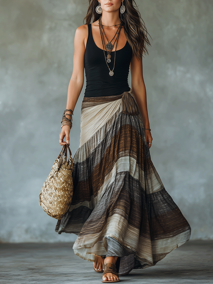 Boho Striped Wrap Maxi Skirt & Tank Top Outfit